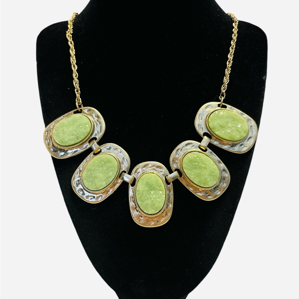 Gold Tone Faux Light Green Faux Druzy Panel Necklace 20”+3”